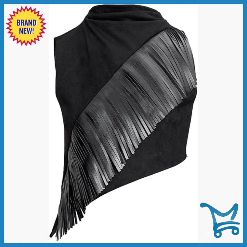 Asymmetric Fringe Sueded Top, Cowl Neck, Sleeveless, Zipper Closure
